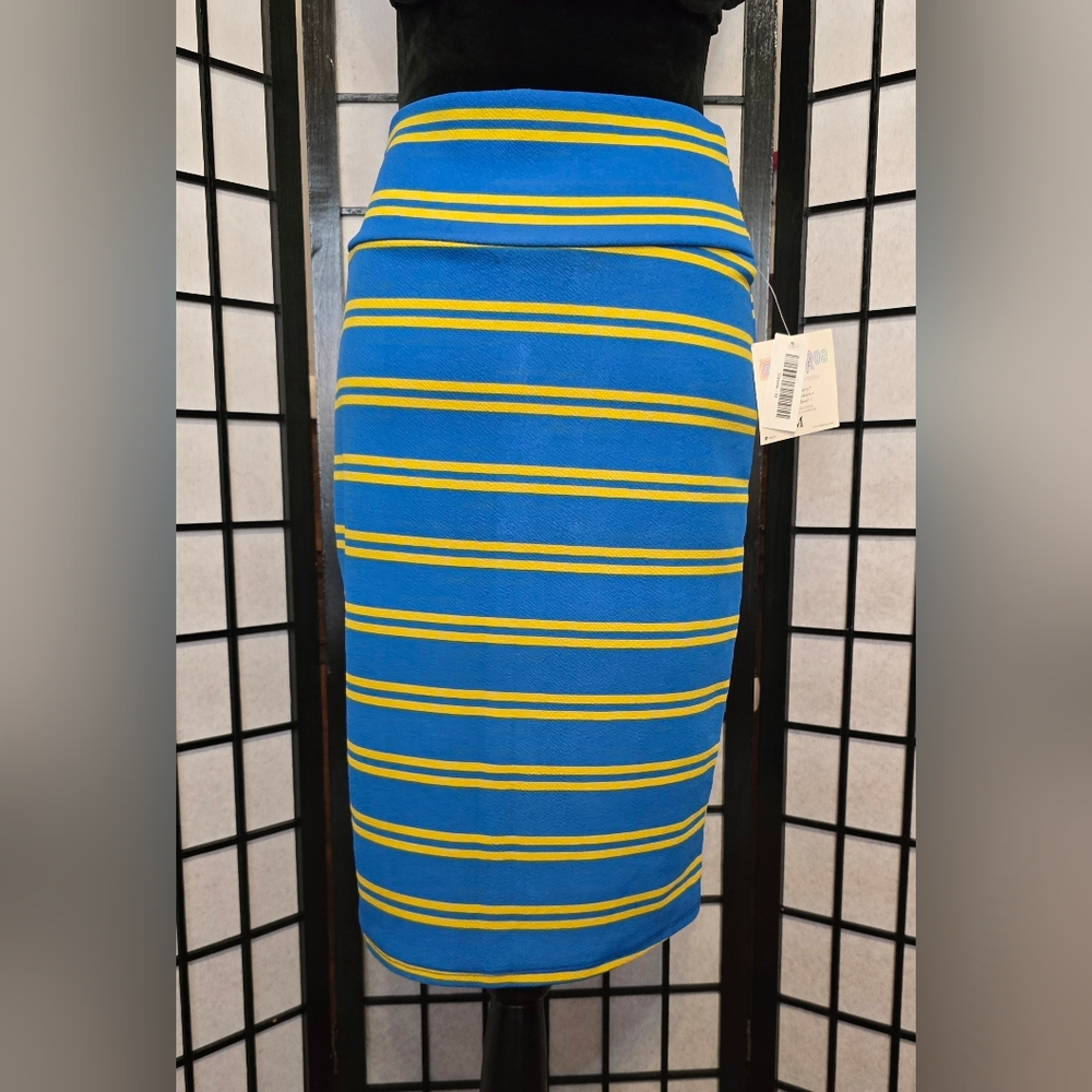 ​NWT LuLaRoe Cassie Pencil Skirt M Blue Yellow Stripe